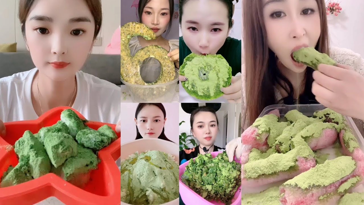 refrozen ice eating with matcha greentea powder ASMR 💚