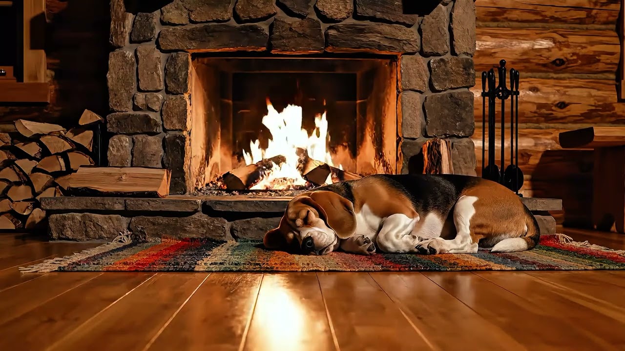 🔥🌧️Rain Sounds for Sleeping with Cozy Fireplace & Sleeping Dog – Cabin Rain Ambience 🐶🏡