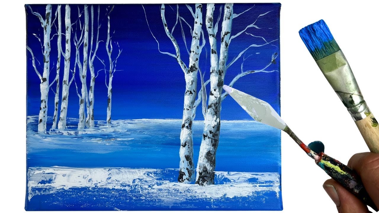 Birken im Schnee SUPER EINFACH mit Acryl malen - ANFÄNGER (Anleitung)