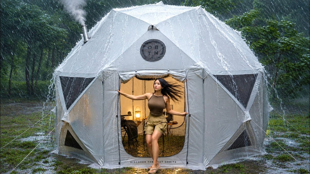 ☔️ Кемпинг под сильным дождём в штормовом лесу . Гигантская pop-up палатка ⛺️ Camping ASMR