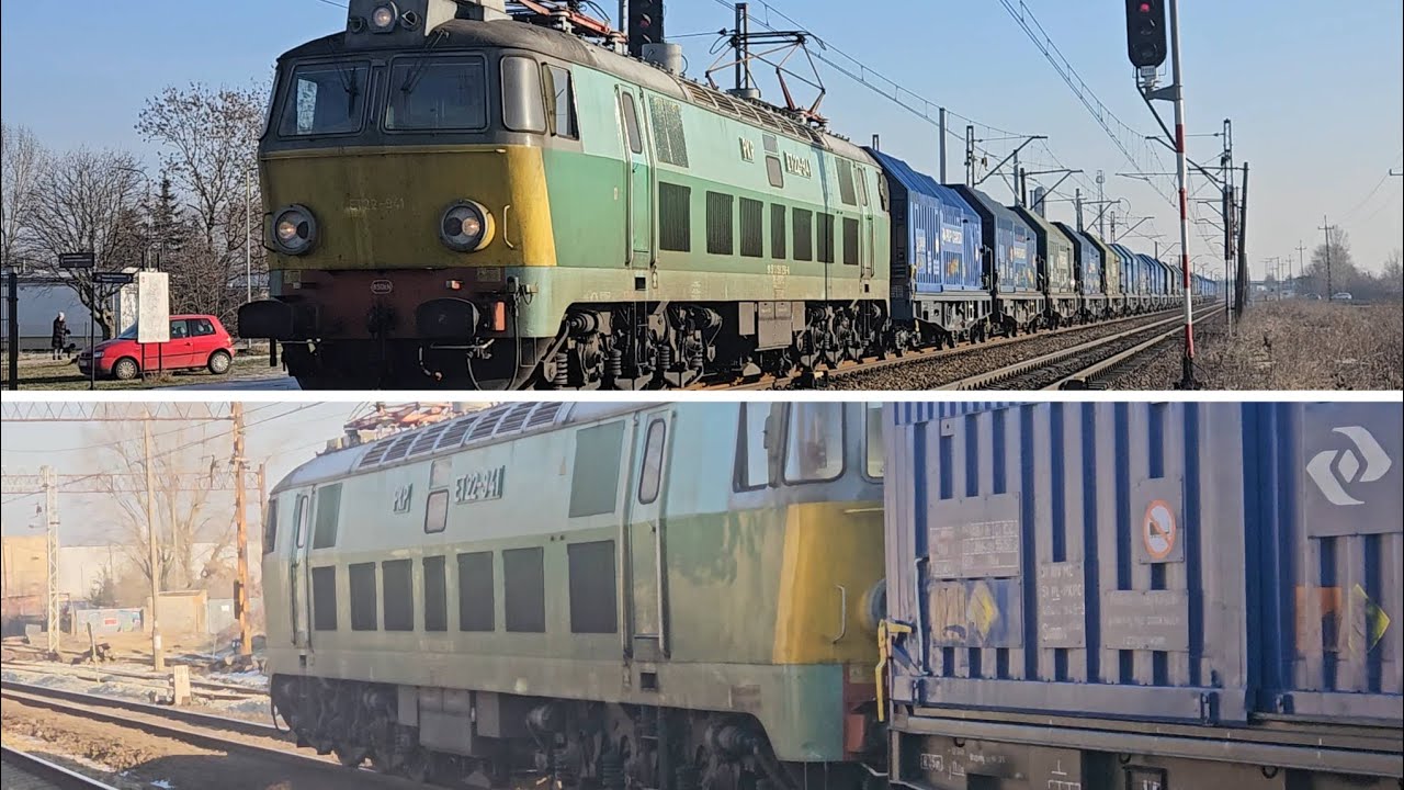 Dwa ujęcia Byka w barwach historycznych ET22-941 z wagonami krytymi