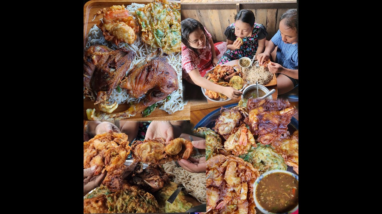မောင်နှသုံးယောက် မုန့်ဖတ်သုပ်ချဥ်ချဥ်စပ်စပ်နဲ့ ပုစွန်​ကြော် ဂဏန်းကြော် မြင်းခွာရွက်ကြော် စားမယ်😋😋😋😋