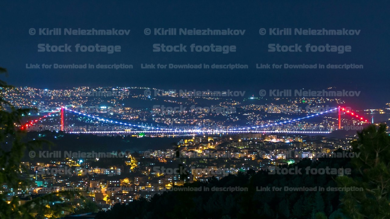 Fatih Sultan Mehmet Bridge view, connects Asia and Europe night timelapse from top of Camlyca hill