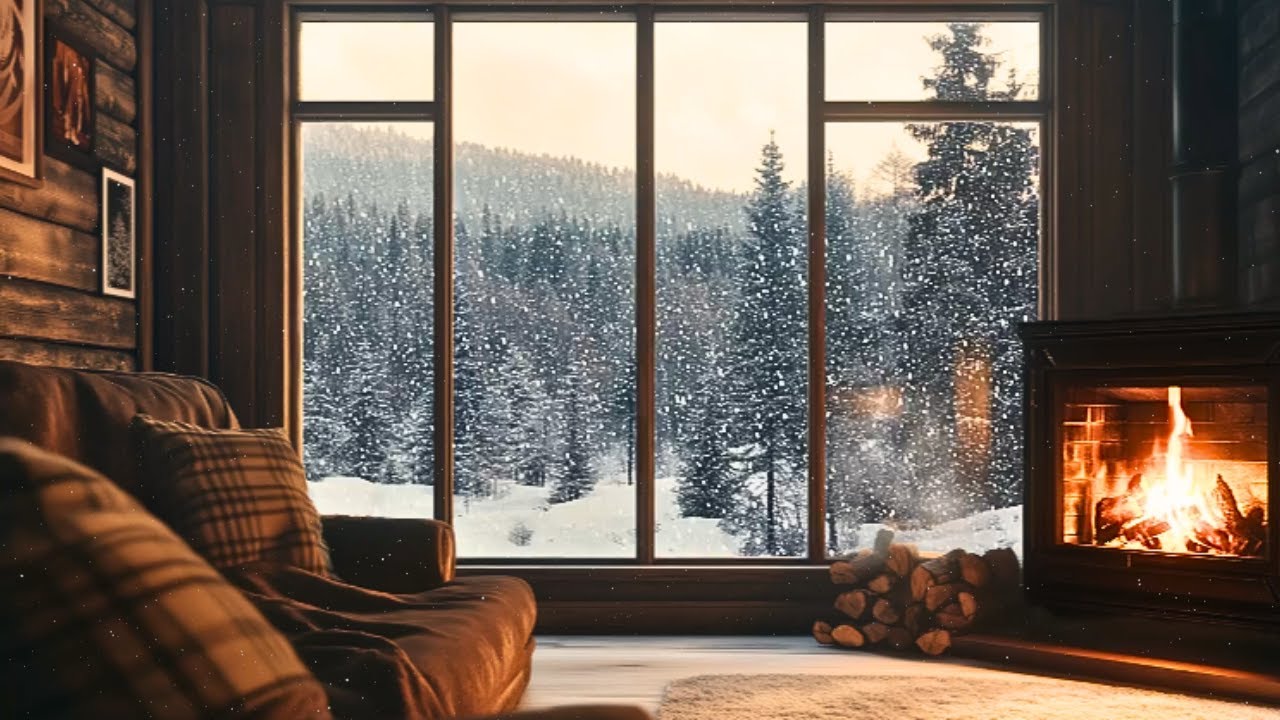 Relaxing Winter Fireplace Ambience ❄️ Peaceful Piano Music 🔥 Winter Cabin Ambience