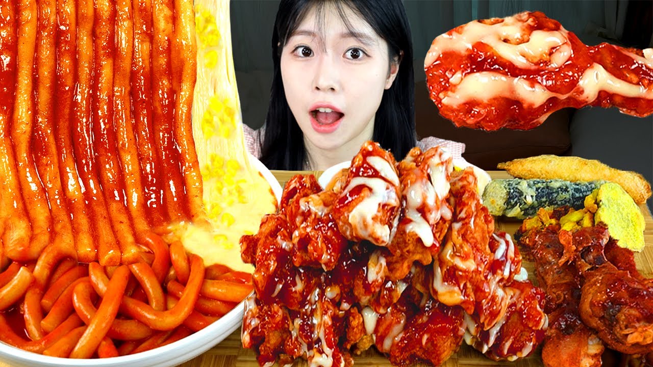 АСМР МУКБАНГ| Лапша Токпокки с кукурузным сыром. SUPREME Приправленная курица, голень, картофель фри