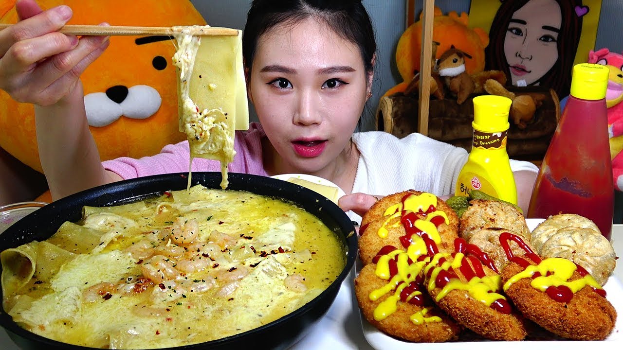 치즈봉골레파스타 새우돈까스 호떡 먹방 Mukbang