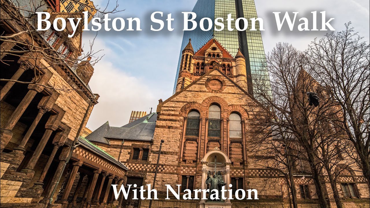 Boston MA Back Bay Boylston Street Walk With Historical Commentary. Trinity Church, Prudential Tower