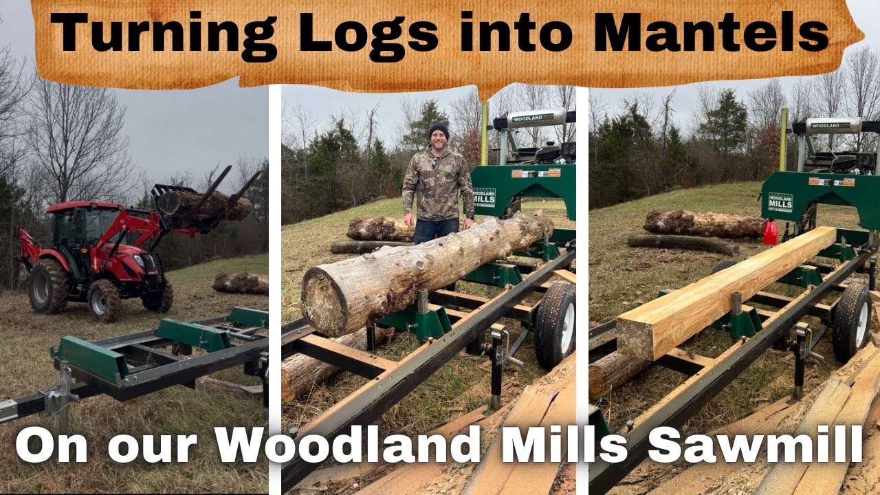 Cutting 4 DIY Fireplace Mantels from 4 Different Logs | Woodland Mills Sawmill & RK 55 Tractor