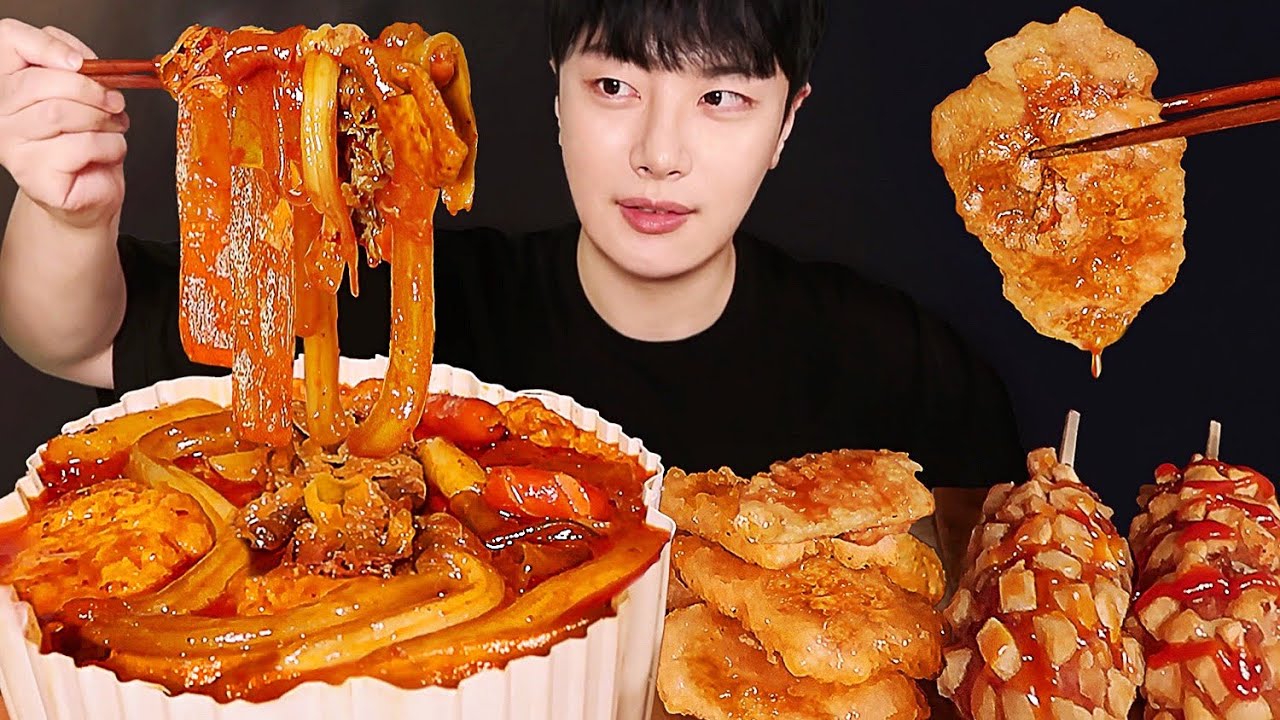 Korean Spicy Tteokbokki Mukbang asmr (ft. кисло-сладкая свинина, корн-дог)
