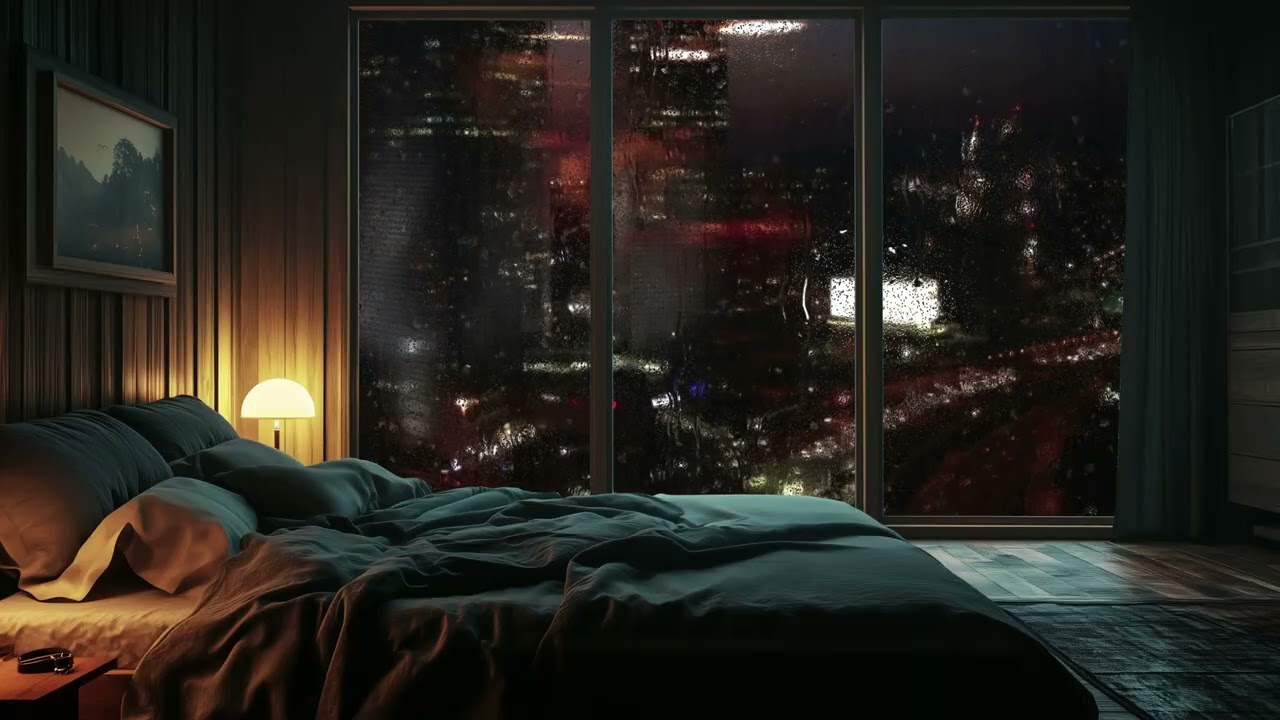 Rainy Night Apartment Window Ambience | City Rain Sounds for Sleep & Study (No Thunder, 3 Hours)