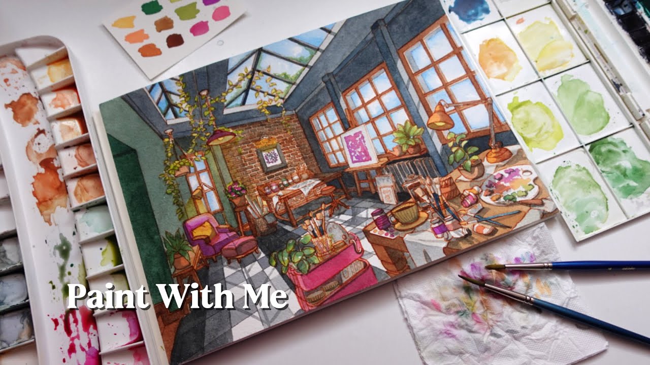Watercolor Painting of a Cozy Artist Studio | Two Point Perspective Watercolor !