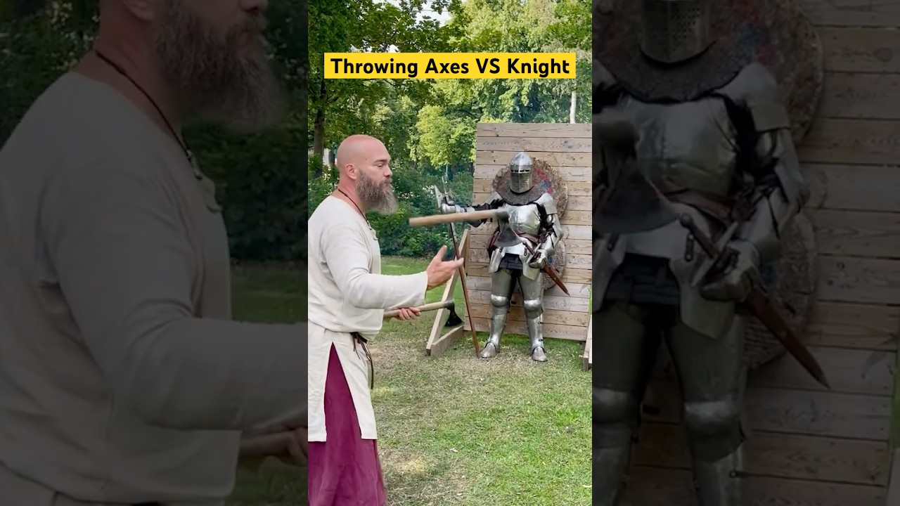 Viking axe thrower trying the nerves of this medieval knight by throwing incredible trick shots!