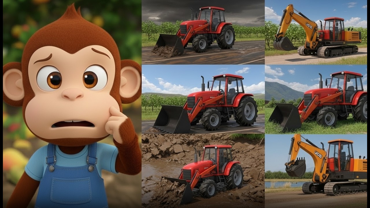 Chotu Monkey drives Red JCB in flood mud, Emergency rescues ducklings + tomatoes