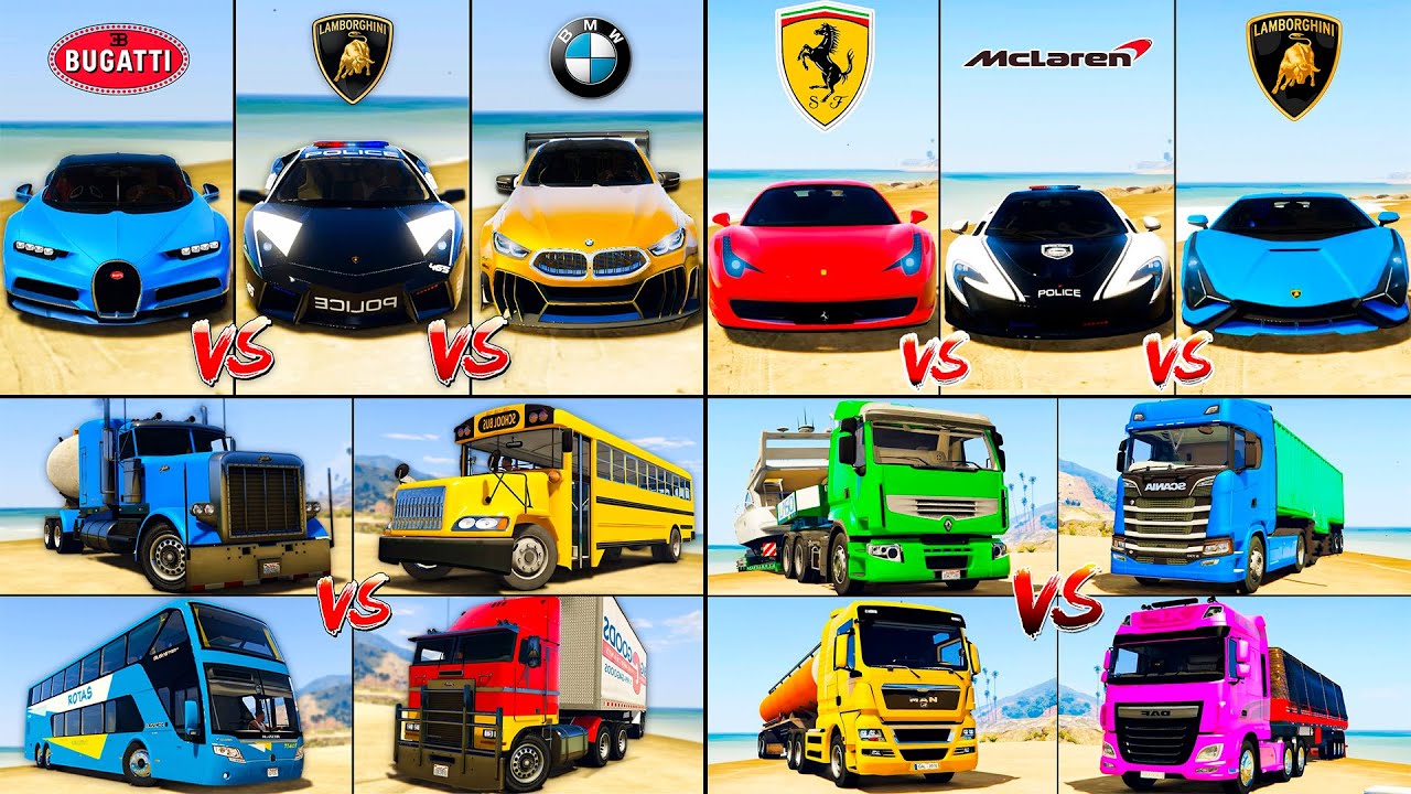 Bugatti Chiron vs Color Trucks vs School Bus vs Super Cars - GTA 5 Mods Which is better?