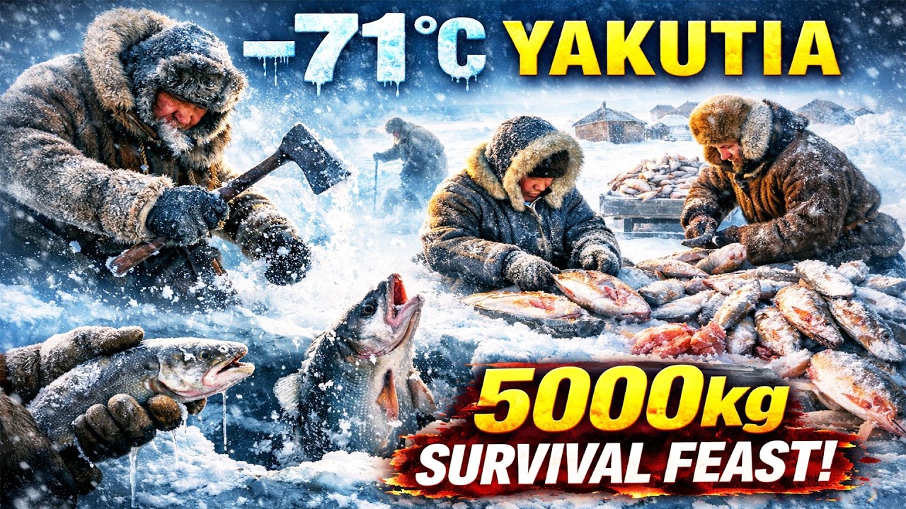 Survival at −71°C: Yakutia Ice Fishing Battle as Nomads Process a 5000kg Catch Live!!