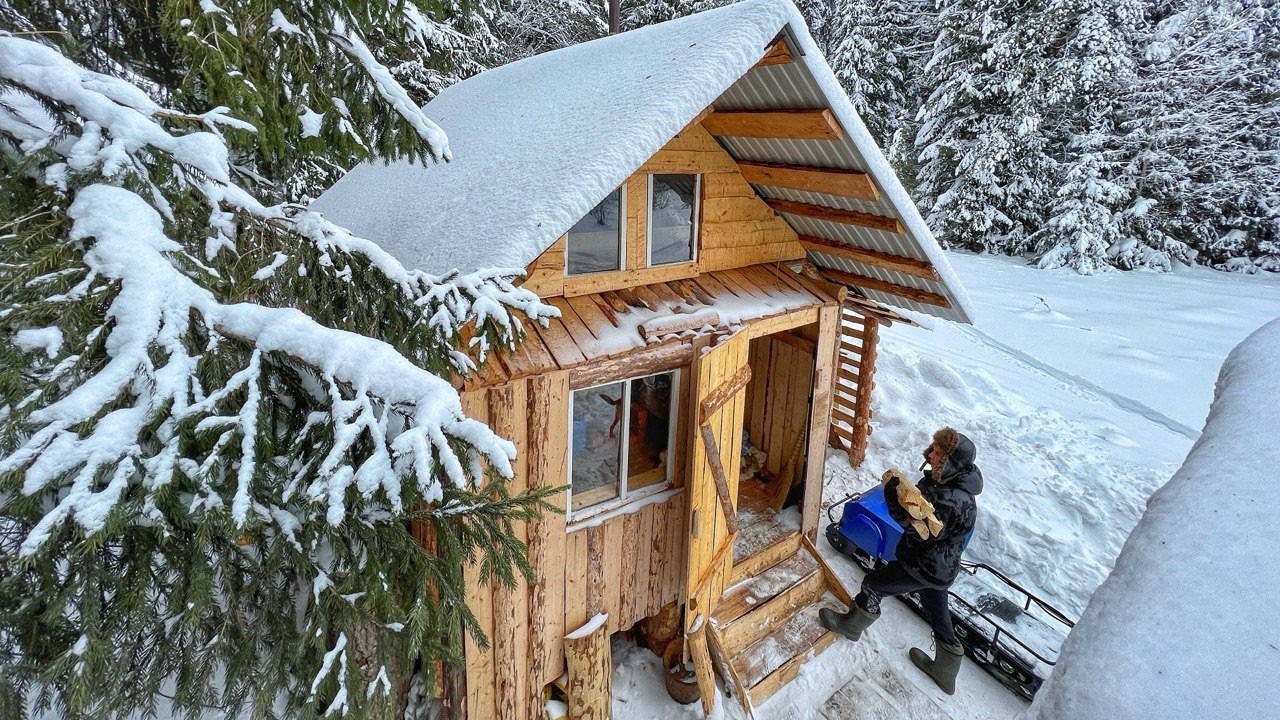 Off Grid Log Cabin: Alone with my Dog in an Snowstorm