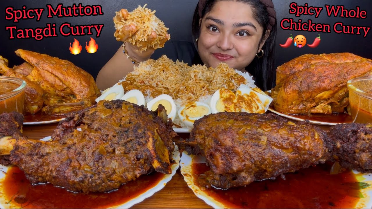 SPICY OILY 2 MUTTON TANGDI CURRY AND SPICY 2 WHOLE CHICKEN CURRY WITH BASMATI RICE & EGGS | MUKBANG