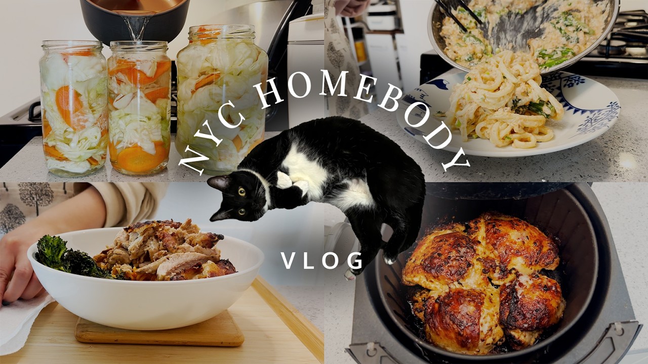 NYC Homebody Vlog | masago cream udon, Greek yogurt chicken, Taiwanese pickled cabbage, lentil pasta