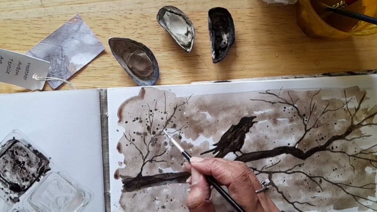 Paint a simple crow scene in watercolour and inks