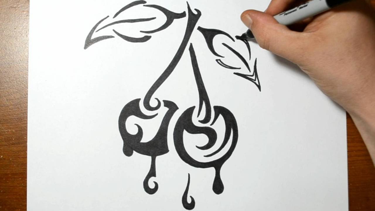 How to Draw Dripping Cherries - Tribal Tattoo Design Style