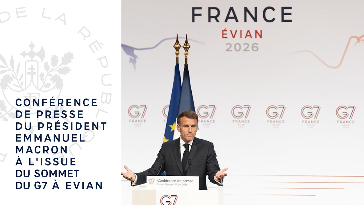 Conf&eacute;rence de presse du Pr&eacute;sident Emmanuel Macron &agrave; l'issue du Sommet du G7 &agrave; Evian.