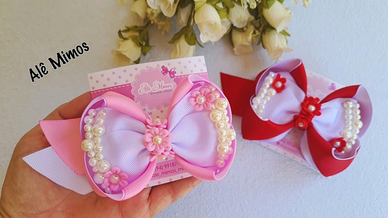 laço amora luxuoso com bordado de pérolas e florzinha 3D