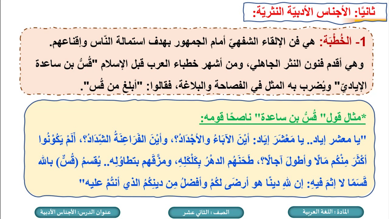 الصف الثاني عشر   المسار الأدبي   اللغة العربية   الأجناس الأدبية