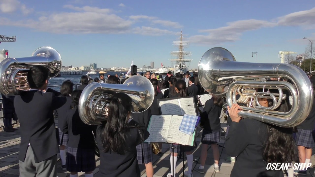 20161210 練習帆船「日本丸」 遠洋航海へ出港  登檣礼 港中学吹奏楽部演奏「練習船の歌」他