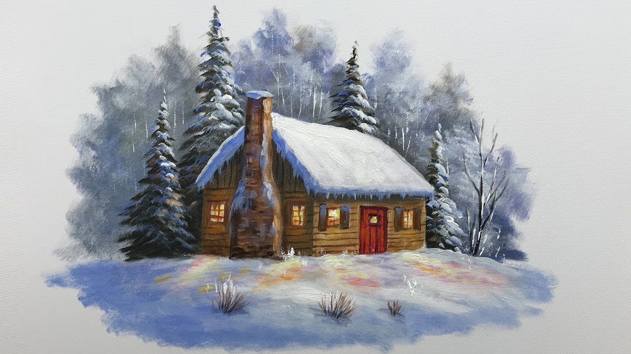 Winter serie #7 How to Paint a Winter Cottage with Acrylic paints