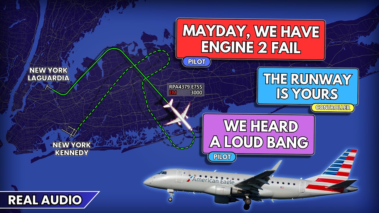 MAYDAY. Loud bang and engine failure. Republic Embraer E175LR diverts to JFK. Real ATC