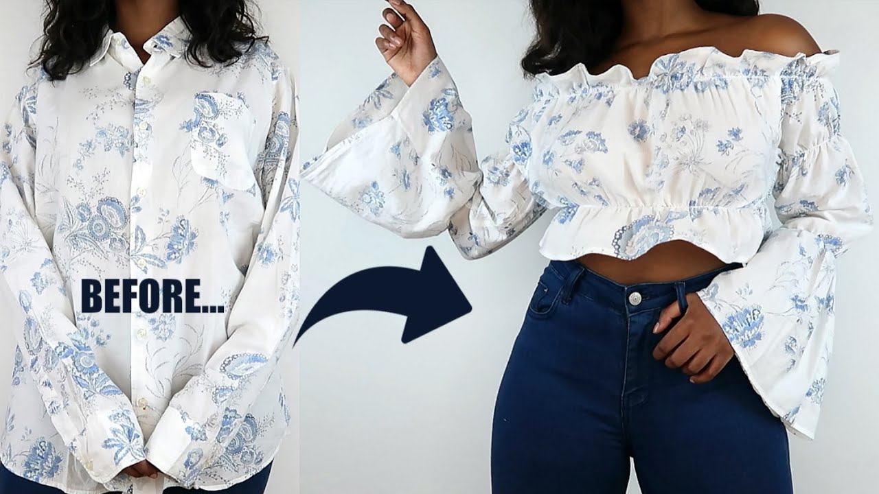 DIY Off The Shoulder Bell Sleeve Top | Men’s Shirt Refashion