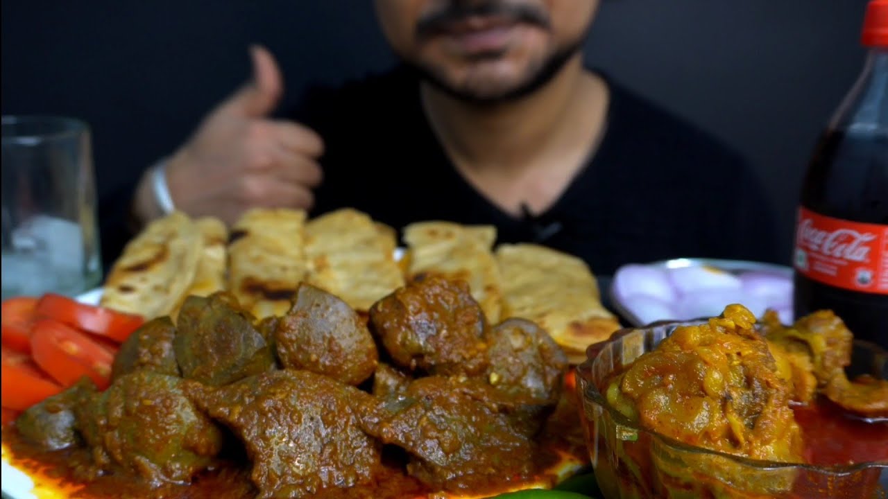 Spicy mutton liver curry+mutton nalli eating with paratha eating mukbang show 