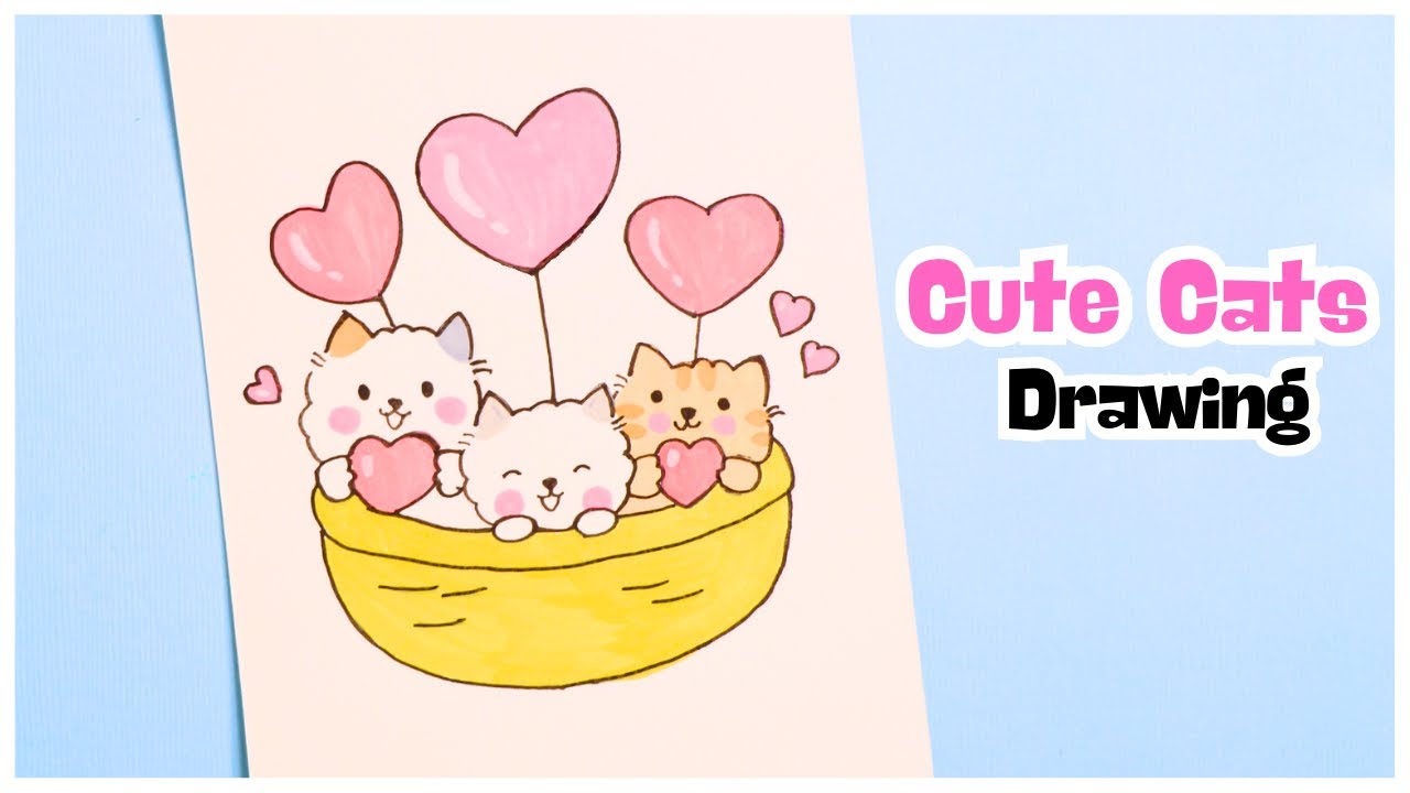 How to Draw Cute Cats in a Basket Easy 🐱 | Valentine’s Day Drawing for Beginners
