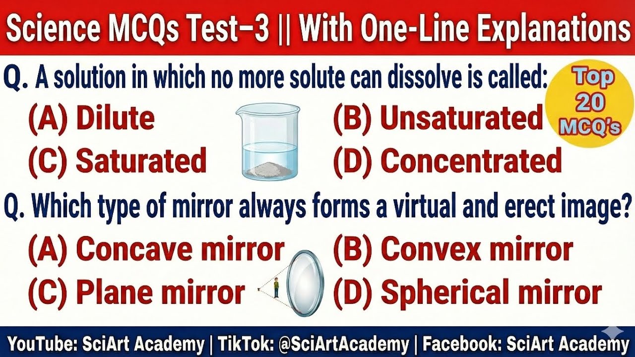 Top-20 || Science MCQ's Test–3||With One-LineExplanations || SciArt Academy