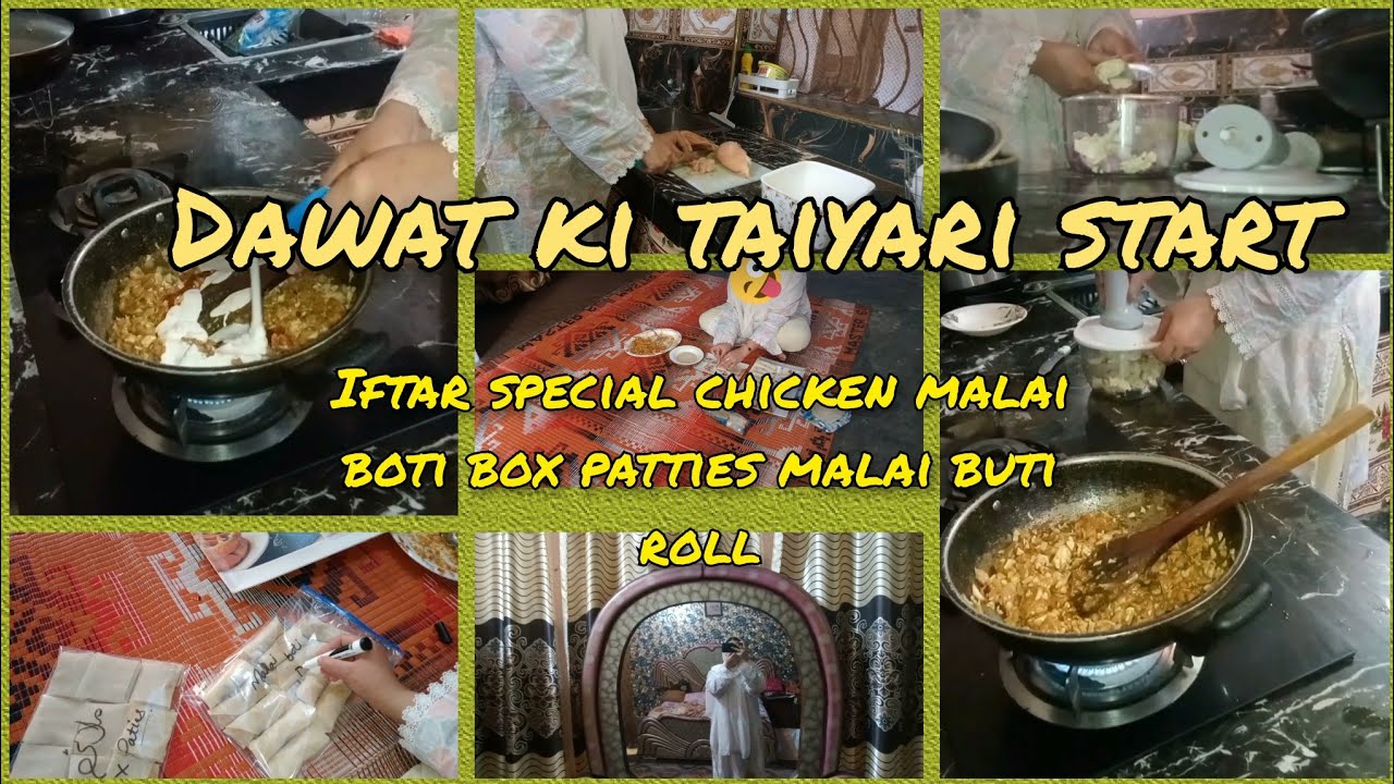 Dawat ki taiyari start||chicken malai boti box patties|| malai boti roll recipe||