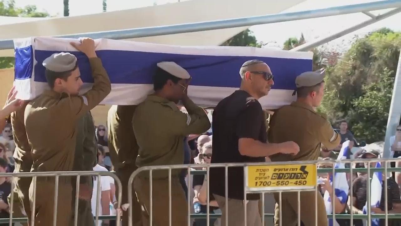 Coffin arrives at funeral of Israeli soldier Noa Marciano who was among hostages taken by Hamas