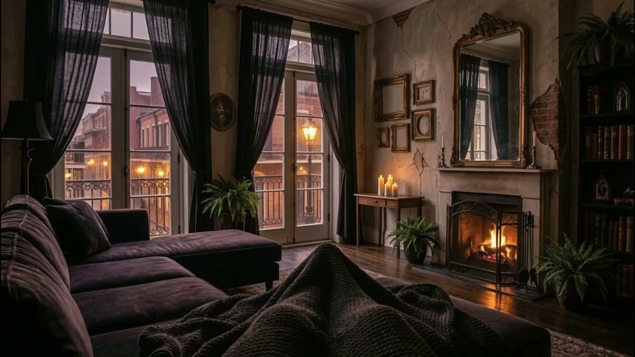 Cozy Dark French Quarter Living Room | Rain & Fireplace Ambience | Relax or Sleep (7 Hours)