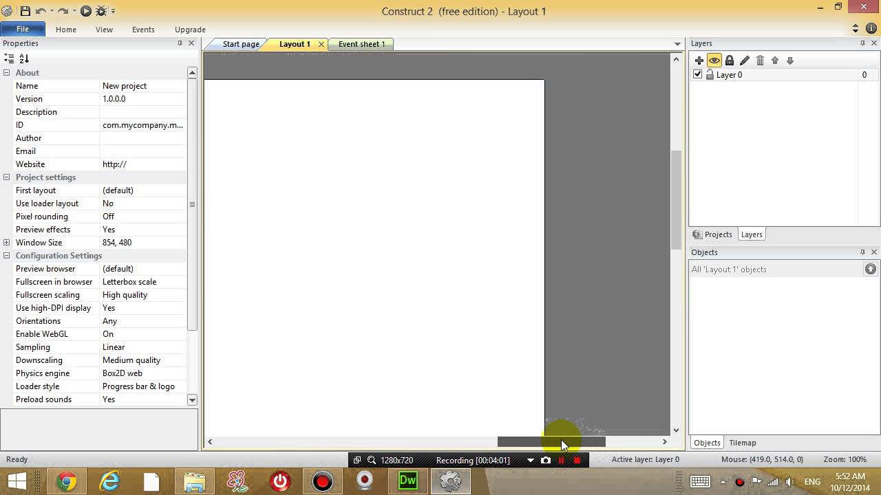 Construct 2 lesson 1 - Making an object move around on the screen, exporting it to the web