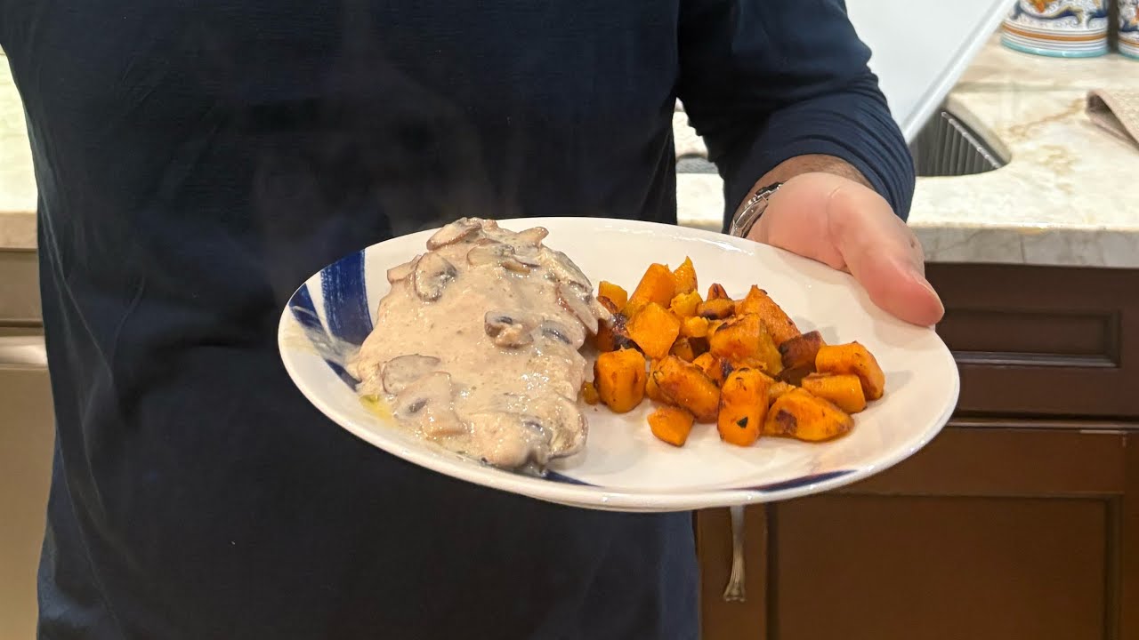 Creamy Chicken and Mushrooms with Side of Sweet Potato