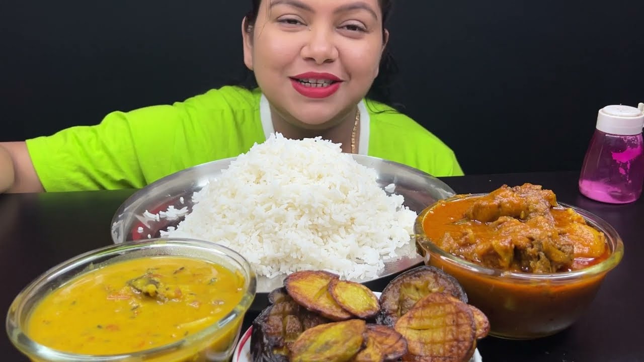 Bigbites, Eating Rice With Macher Mathar Dal, Spicy🥵 Mutton Kosha, Begun Vaja।।