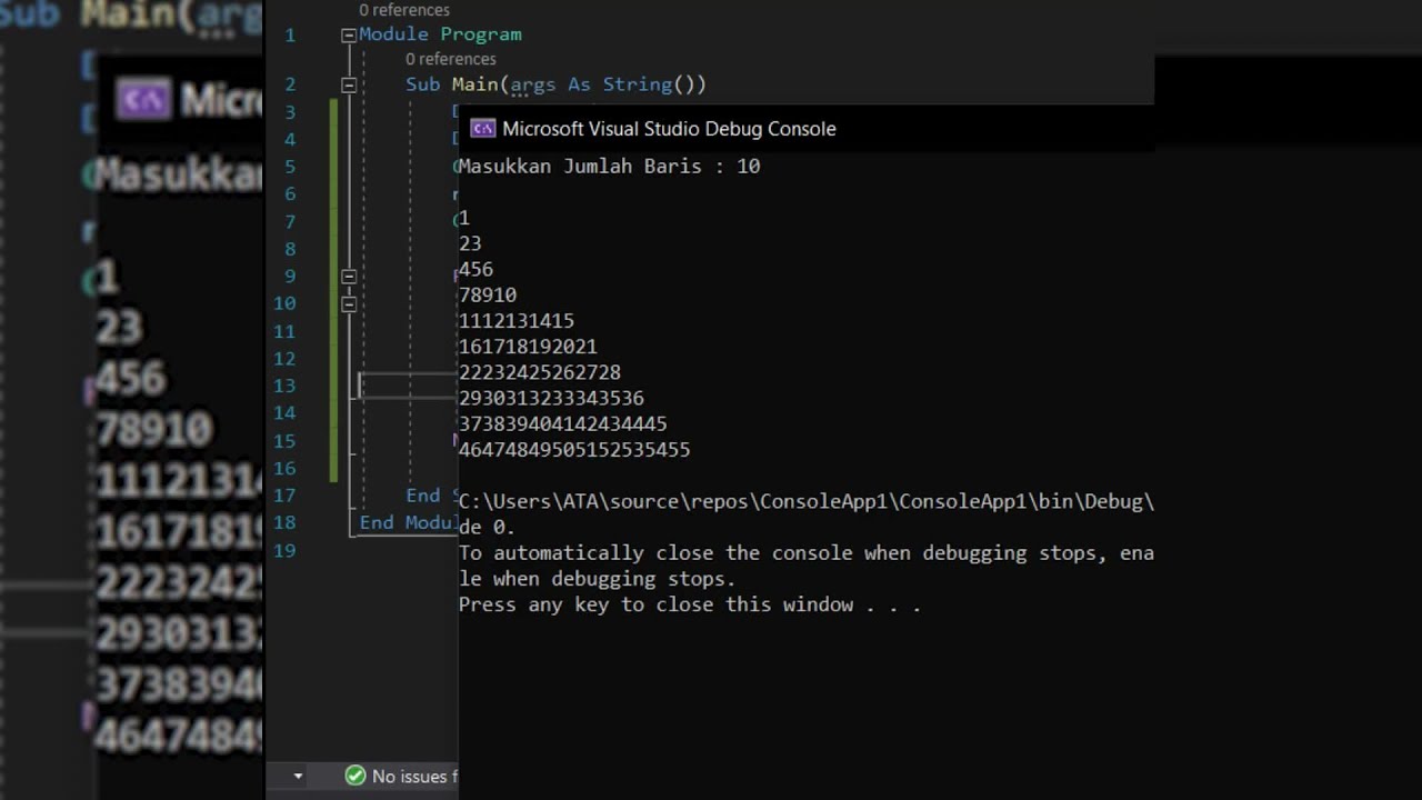 20. VB Console | Number Pattern 1/2 Triangle
