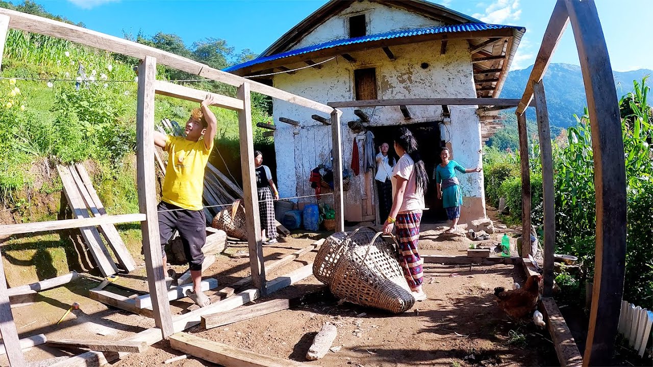 Adhiraj's elder brother building shelter in front of house@pastorallifeofnepal @Manjitamrnati