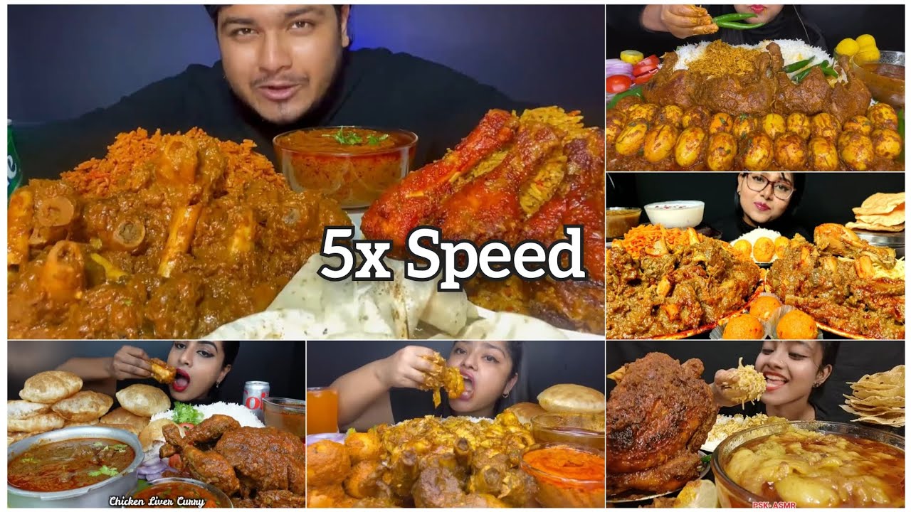 5x Speed Eating | Spicy Chicken Biryani, Whole Chicken Curry, Mutton Fat Curry With Rice Eating ASMR