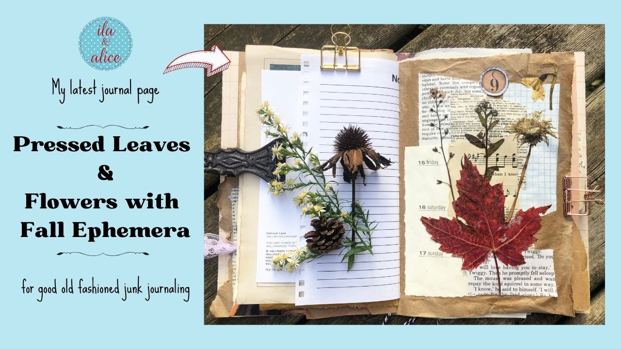 Simple Easy Fall Junk Journal Page with Pressed Leaves & Flowers- Autumn Ephemera #junkjournal
