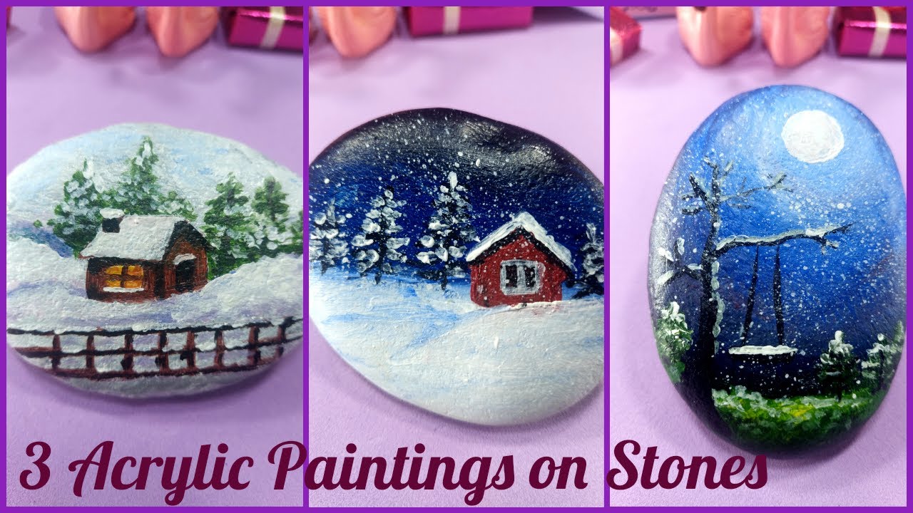 Beautiful Snowfall Paintings on Stones | Stone Art | Winter Snowfall Paintings| winter scenery