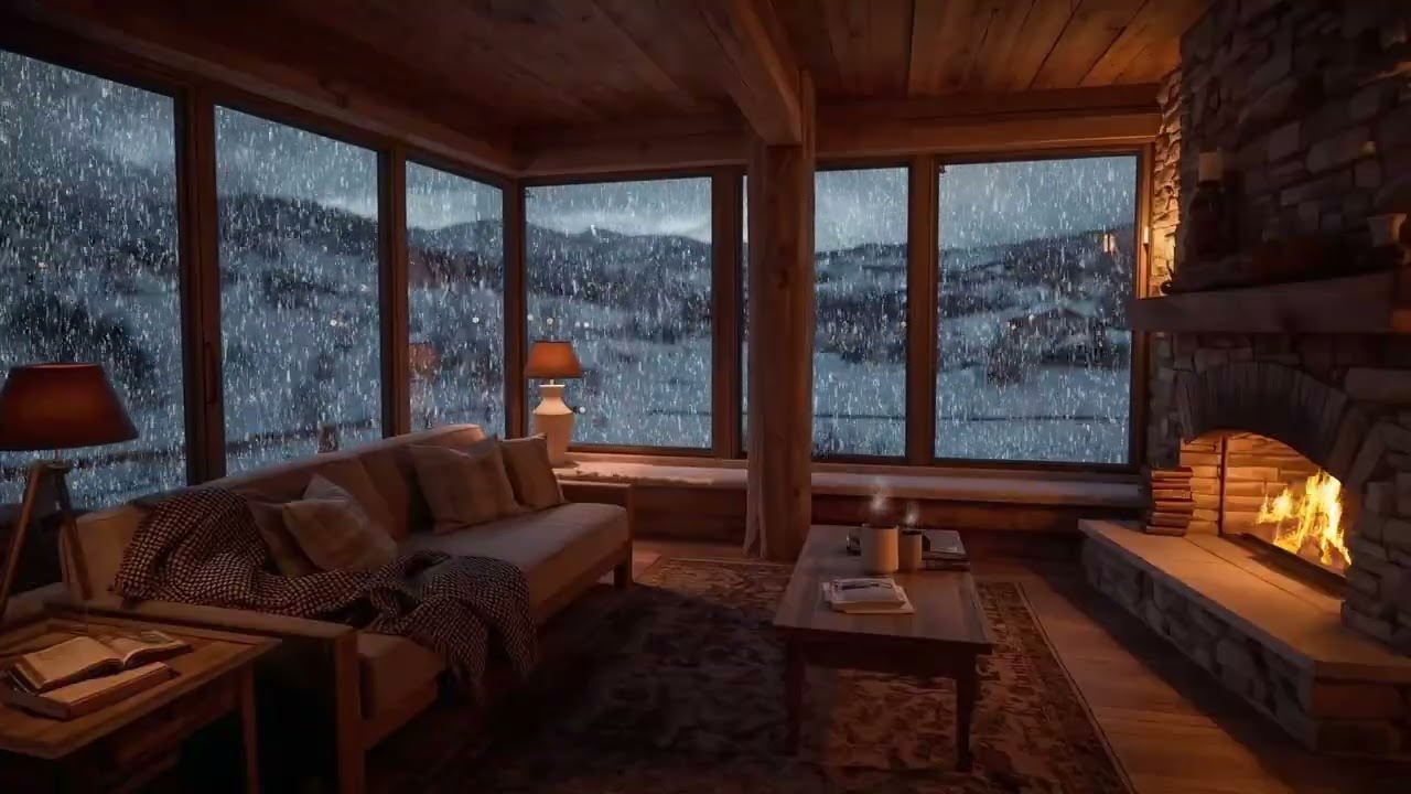 Cozy Winter Living Room | Snowy Valley Night & Fireplace Ambience