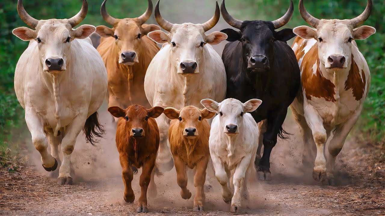 Ratusan sapi lembu jinak berjalan berkelompok menuju lereng bukit melewati jalan hutan yang rindang