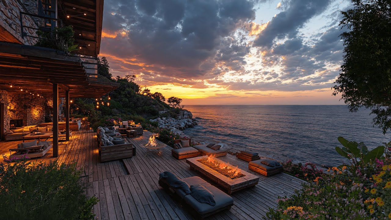 Peaceful Resort Ambience Overlooking The Sea | Firepit, Ocean Waves, Crickets, Evening Breeze