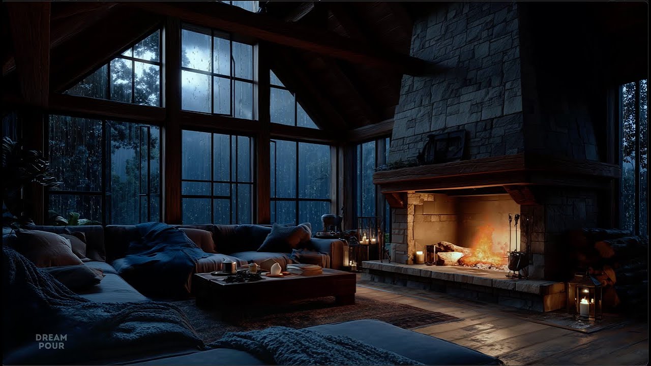Rain & Fireplace + Soft Jazz (No Vocals) — Cozy Ambience | Sleep • Study • Focus