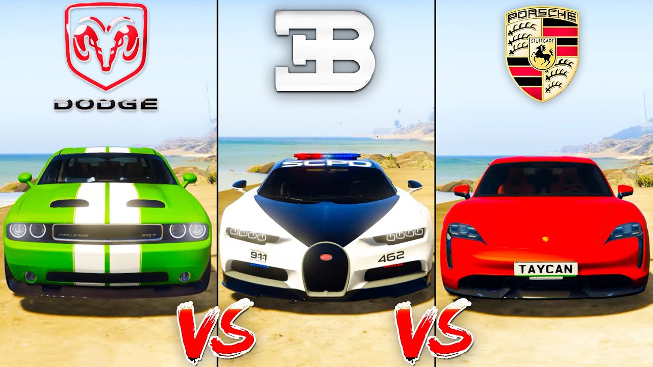 Porsche Taycan Turbo S vs Police Bugatti Chiron vs Dodge Challenger - GTA 5 Mods Which car is best?